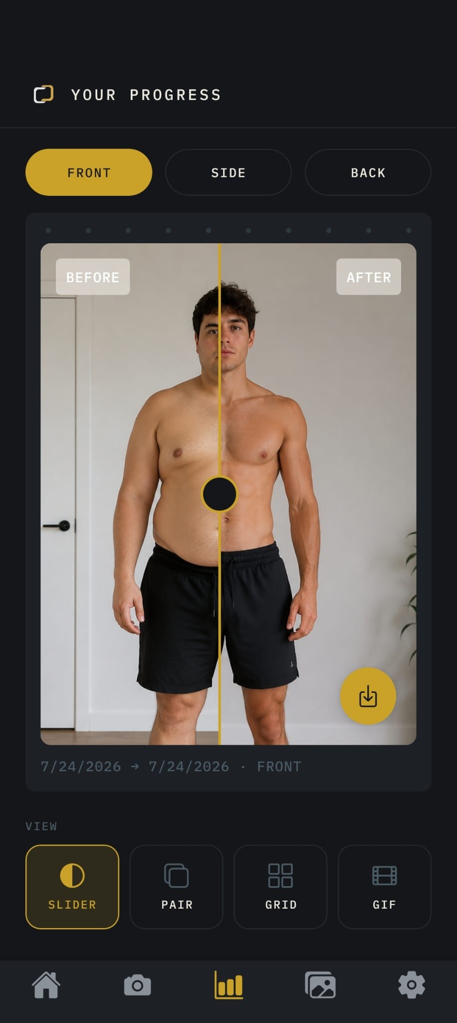 FitSnapshot comparing an older and newer front-facing progress photo with a draggable slider